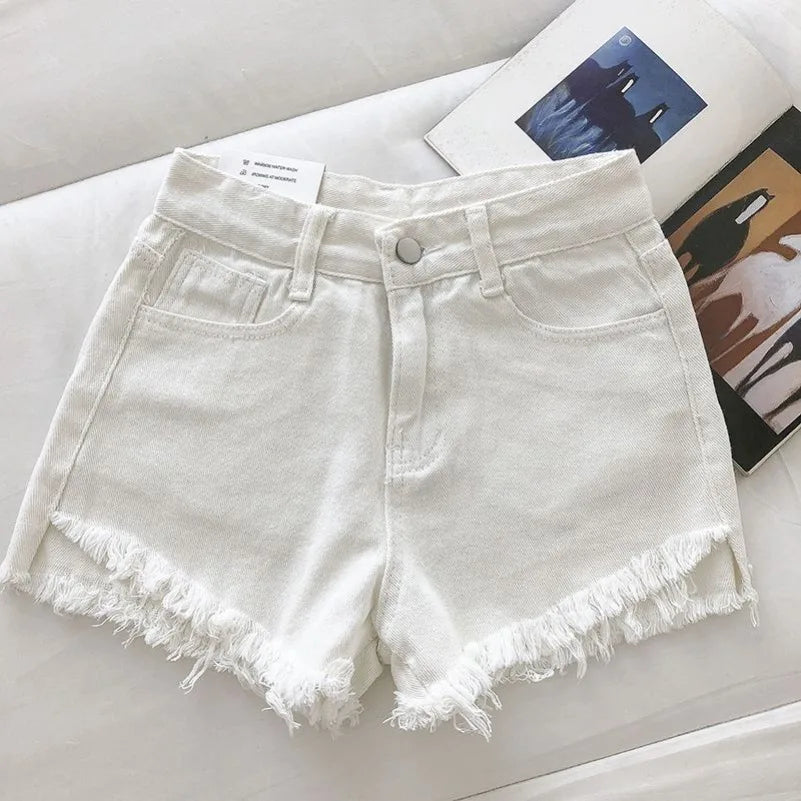 Shorts Denim Vita Alta Orlo Grezzo – Gamba Larga Stile Coreano | 4 Colori | DURIKIES