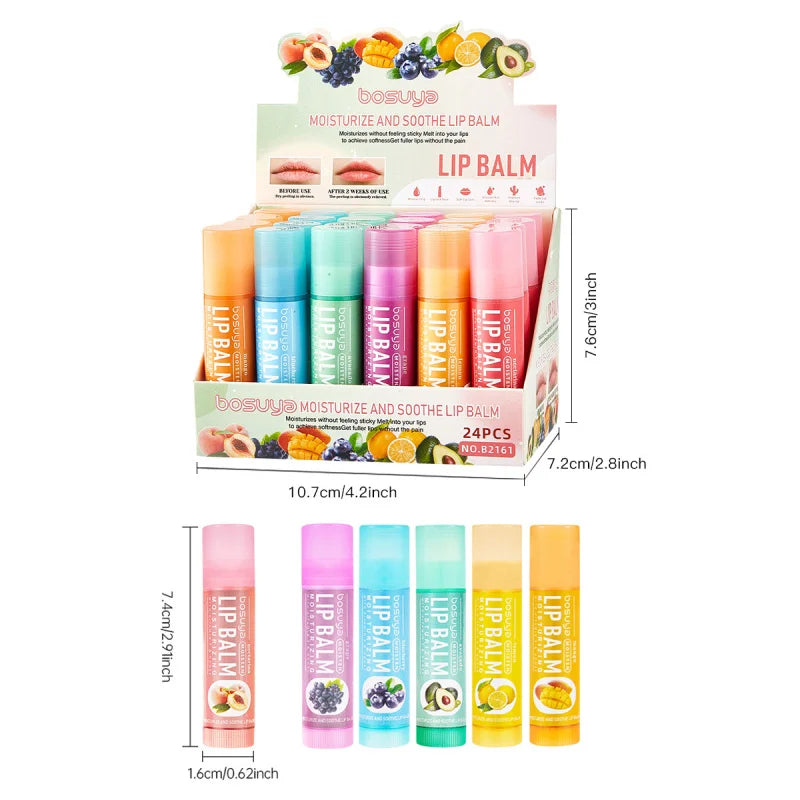 Set 24 Balsami Labbra alla Frutta – Mango, Pesca, Avocado, Uva, Arancia, Mirtillo