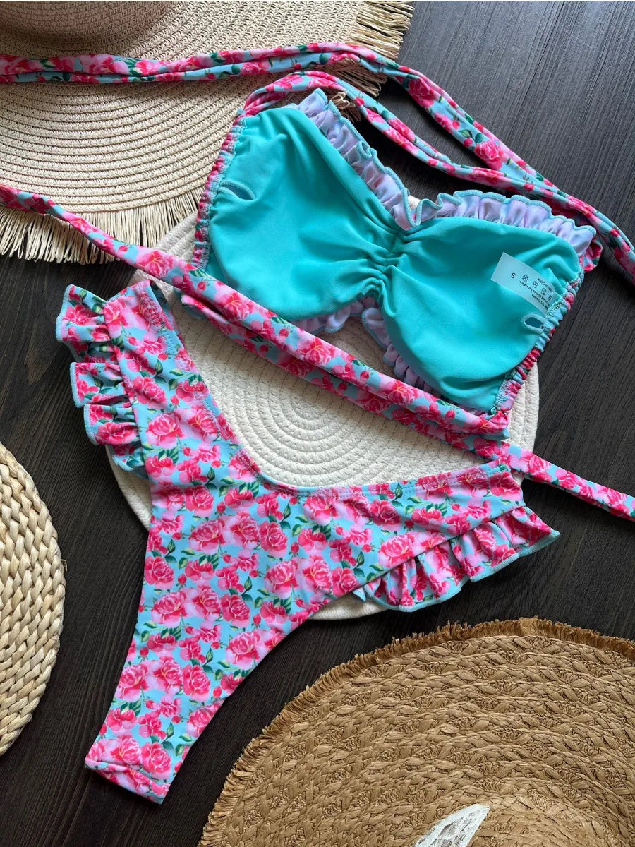 Bikini Set da donna con volant stampa floreale sexy 2 pezzi costume da bagno triangolo senza spalline perizoma senza schienale costume da bagno da spiaggia 2025 nuovo