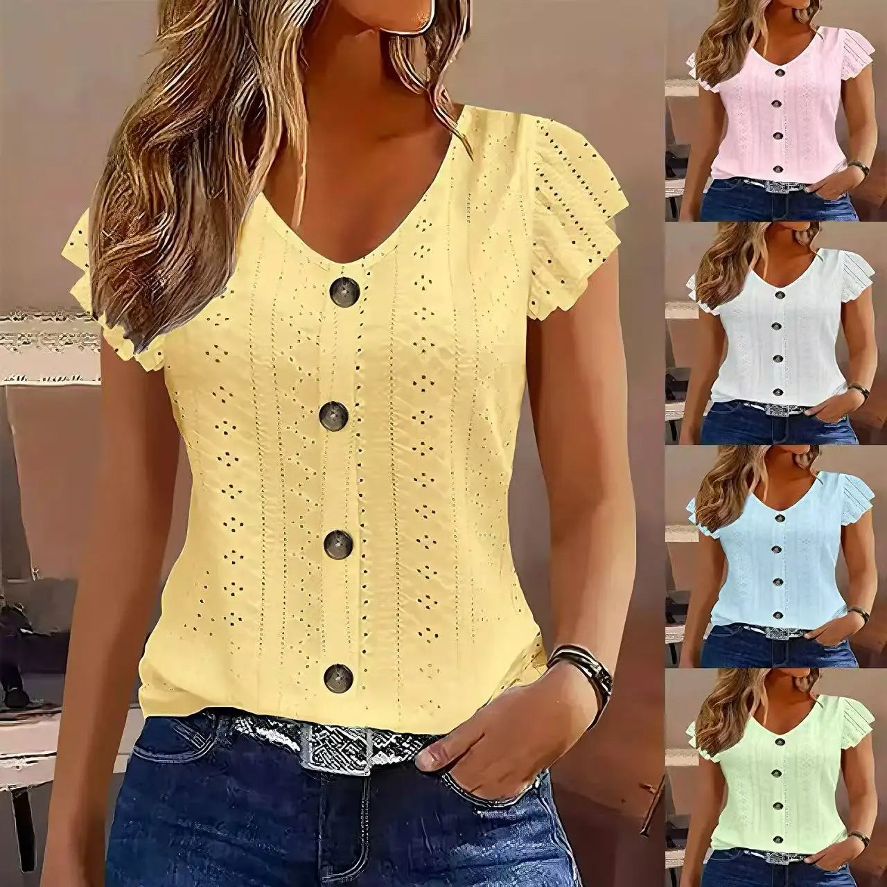 T-Shirt con Manica a Volant e Scollo a V – 5 Colori | Donna Estate 2025