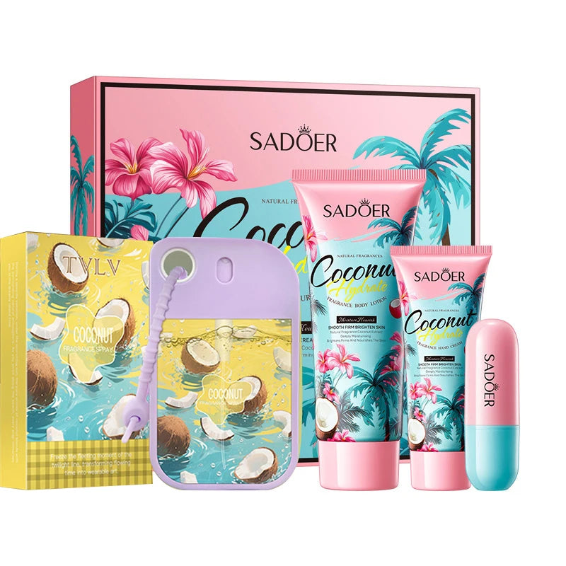 Set di Lusso Skincare al Cocco – Lozione Corpo, Crema Mani, Balsamo Labbra & Profumo