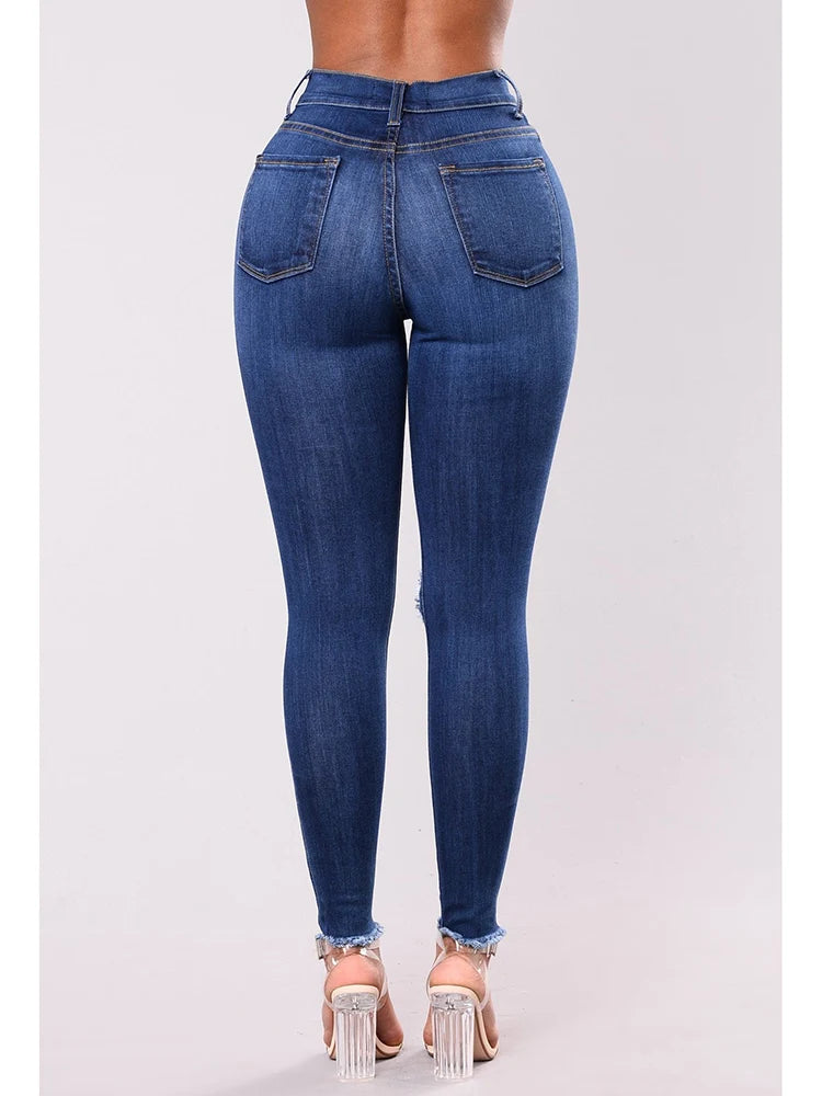 Jeans Skinny Donna Vita Alta Strappati Elasticizzati – Gamba Dritta Plus Size | 3 Sfumature Blu | S-XXXL