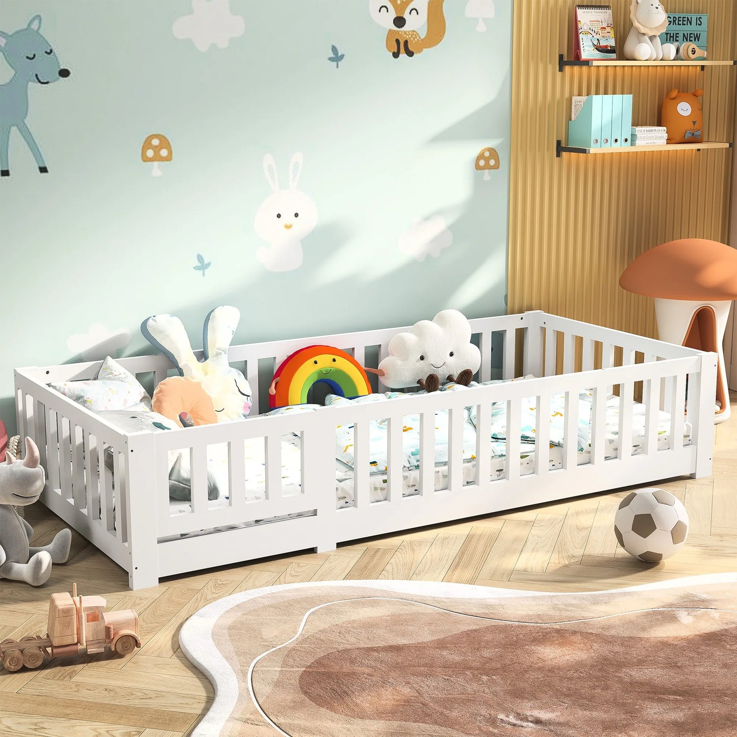 Letto Montessori per bambini 90 x 190 cm con porta, protezione anticaduta e rete a doghe, in pino massello, senza materasso