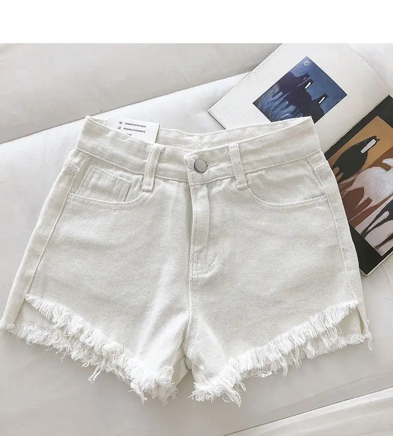 Shorts Denim Vita Alta Orlo Grezzo – Gamba Larga Stile Coreano | 4 Colori | DURIKIES