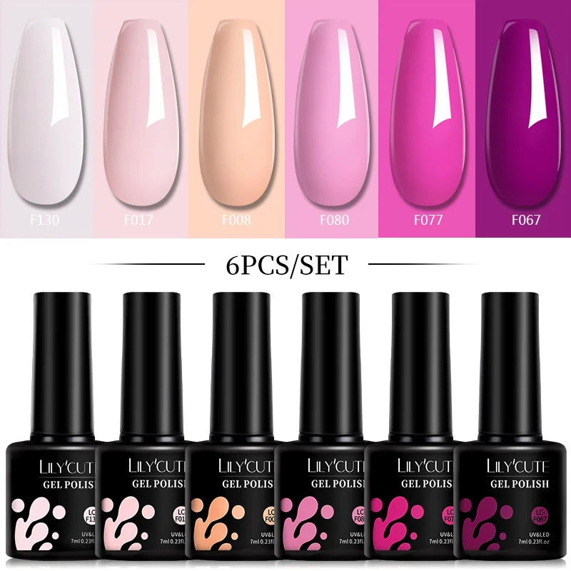 LILYCUTE Set di 6 Smalti Gel per Unghie Fai-da-Te 7ML, Rosa Brillante, Accessori per Nail Art, Smalto Gel UV LED Soak-Off