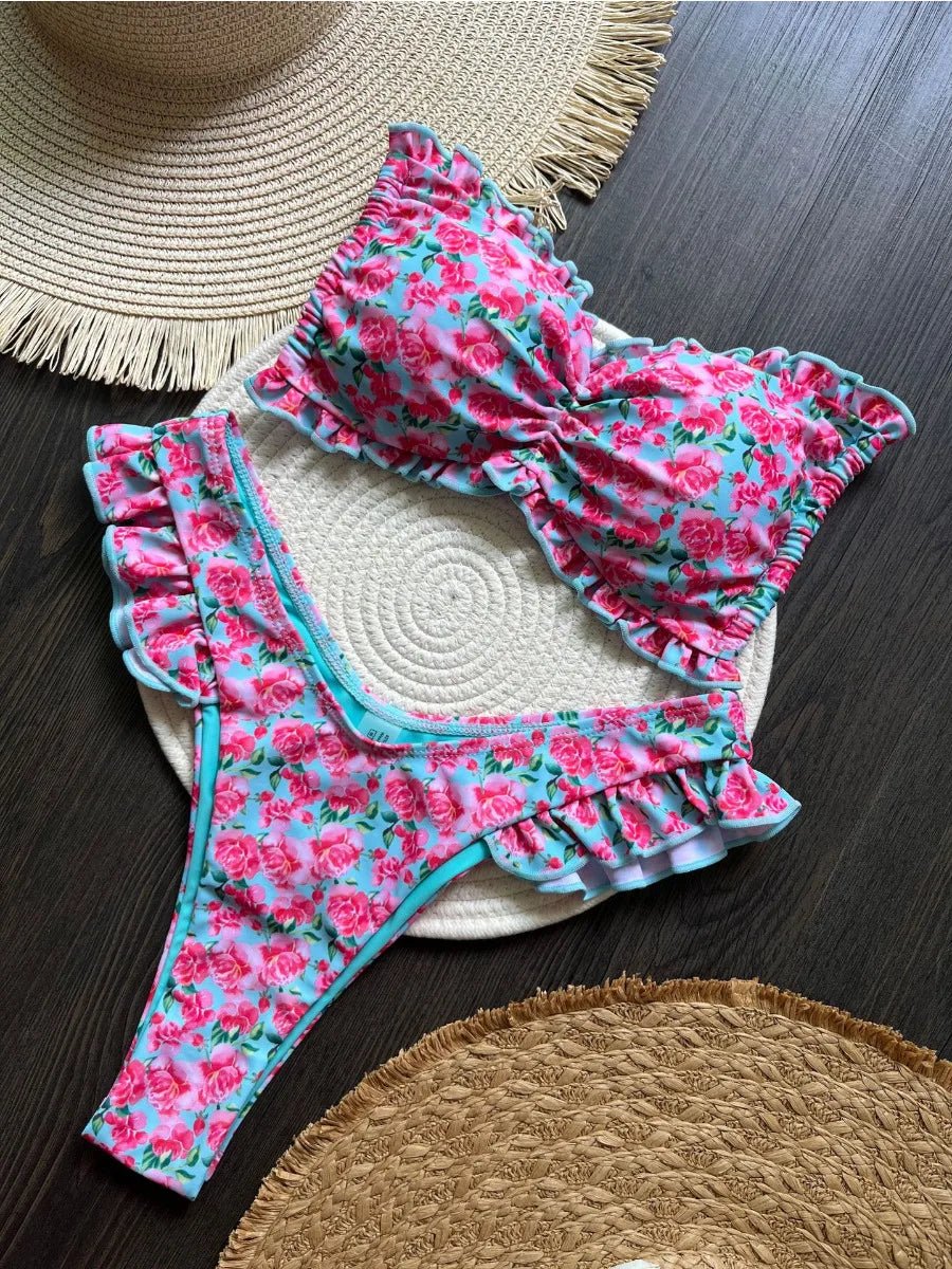 Bikini Set da donna con volant stampa floreale sexy 2 pezzi costume da bagno triangolo senza spalline perizoma senza schienale costume da bagno da spiaggia 2025 nuovo