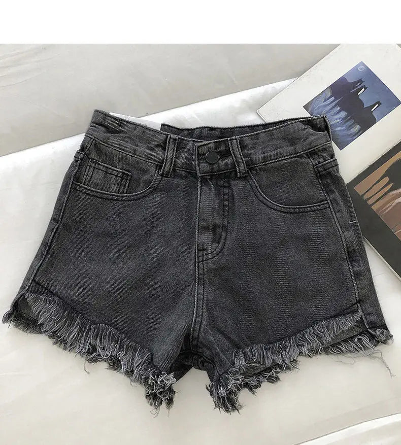 Shorts Denim Vita Alta Orlo Grezzo – Gamba Larga Stile Coreano | 4 Colori | DURIKIES