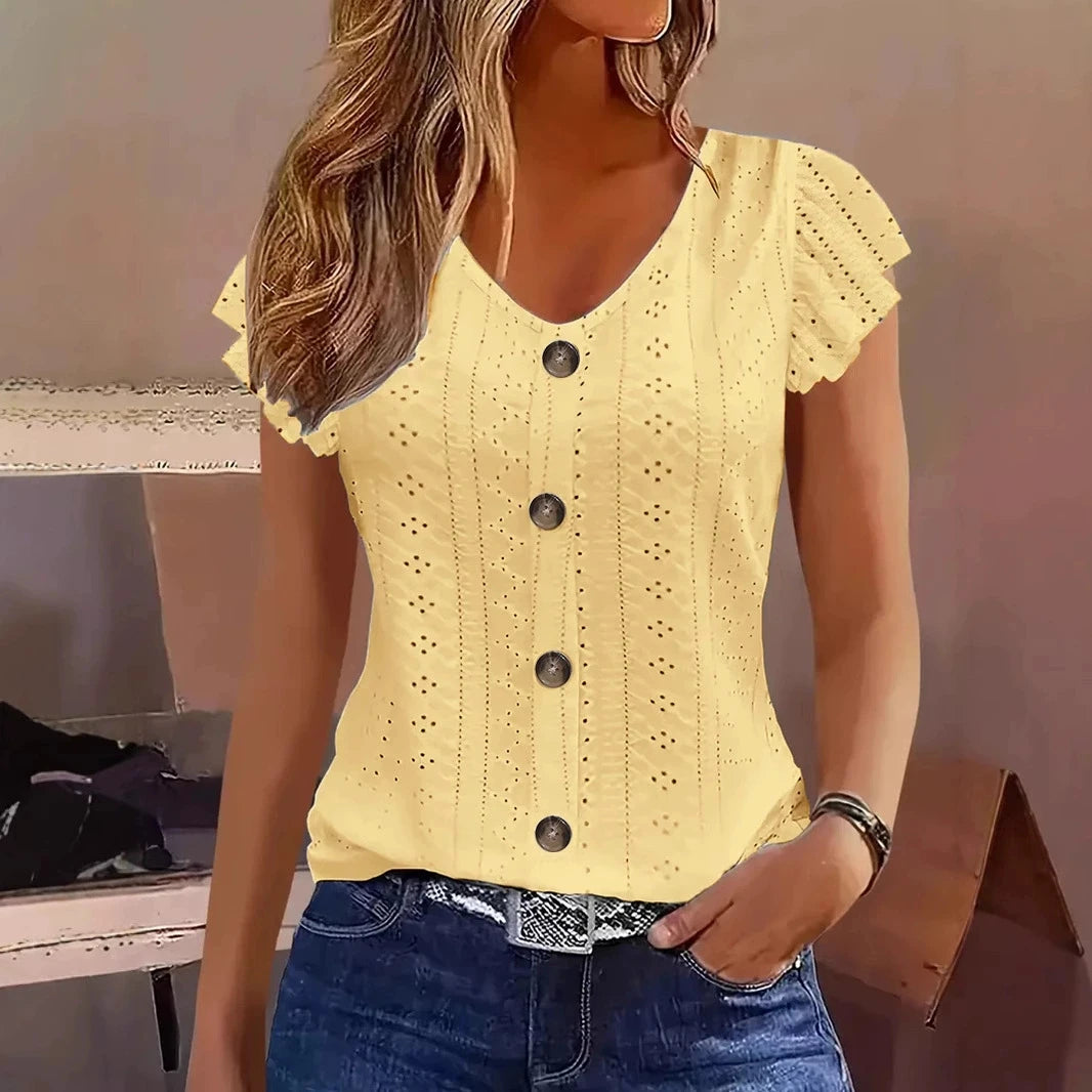 T-Shirt con Manica a Volant e Scollo a V – 5 Colori | Donna Estate 2025
