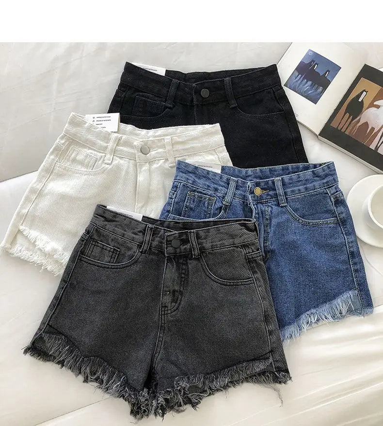 Shorts Denim Vita Alta Orlo Grezzo – Gamba Larga Stile Coreano | 4 Colori | DURIKIES