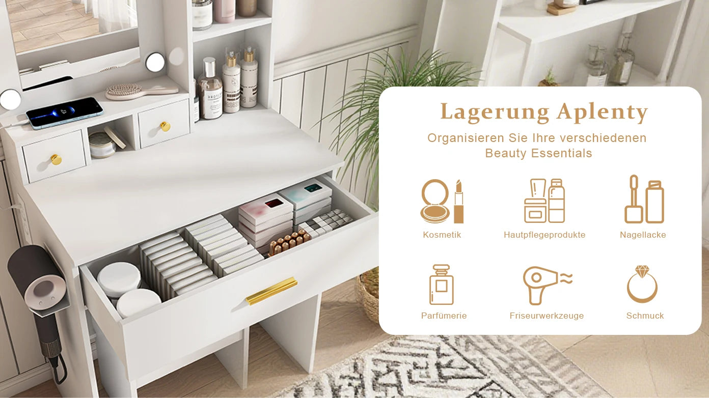 Set da toeletta piccolo con specchio e luci LED regolabili, presa di corrente e supporto per asciugacapelli. Viene fornito con sgabello imbottito, cassetti e ripiani. Dimensioni: 60×131.5×38 cm.