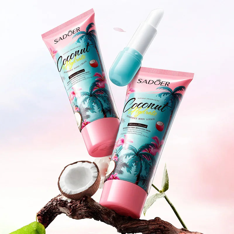 Set di Lusso Skincare al Cocco – Lozione Corpo, Crema Mani, Balsamo Labbra & Profumo
