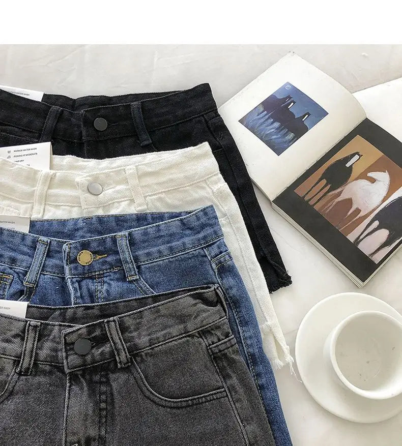 Shorts Denim Vita Alta Orlo Grezzo – Gamba Larga Stile Coreano | 4 Colori | DURIKIES
