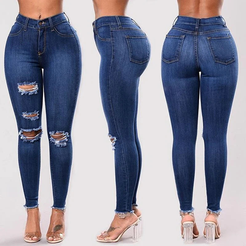 Jeans Skinny Donna Vita Alta Strappati Elasticizzati – Gamba Dritta Plus Size | 3 Sfumature Blu | S-XXXL