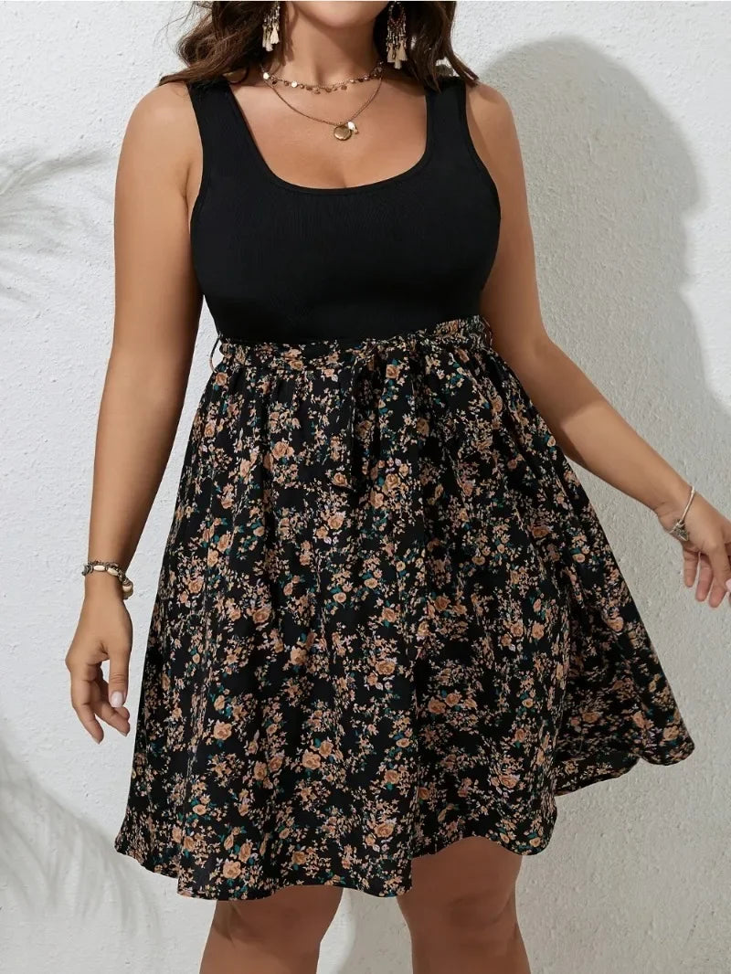 Abito Floreale Plus Size Donna Senza Maniche – Lunghezza Ginocchio Controllo Pancia | 2 Colori | 1XL-5XL