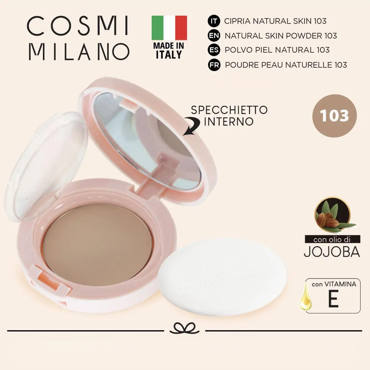 Cipria Compatta Naturale Made in Italy 6g — Olio di Jojoba & Vitamina E, 4 Tonalità
