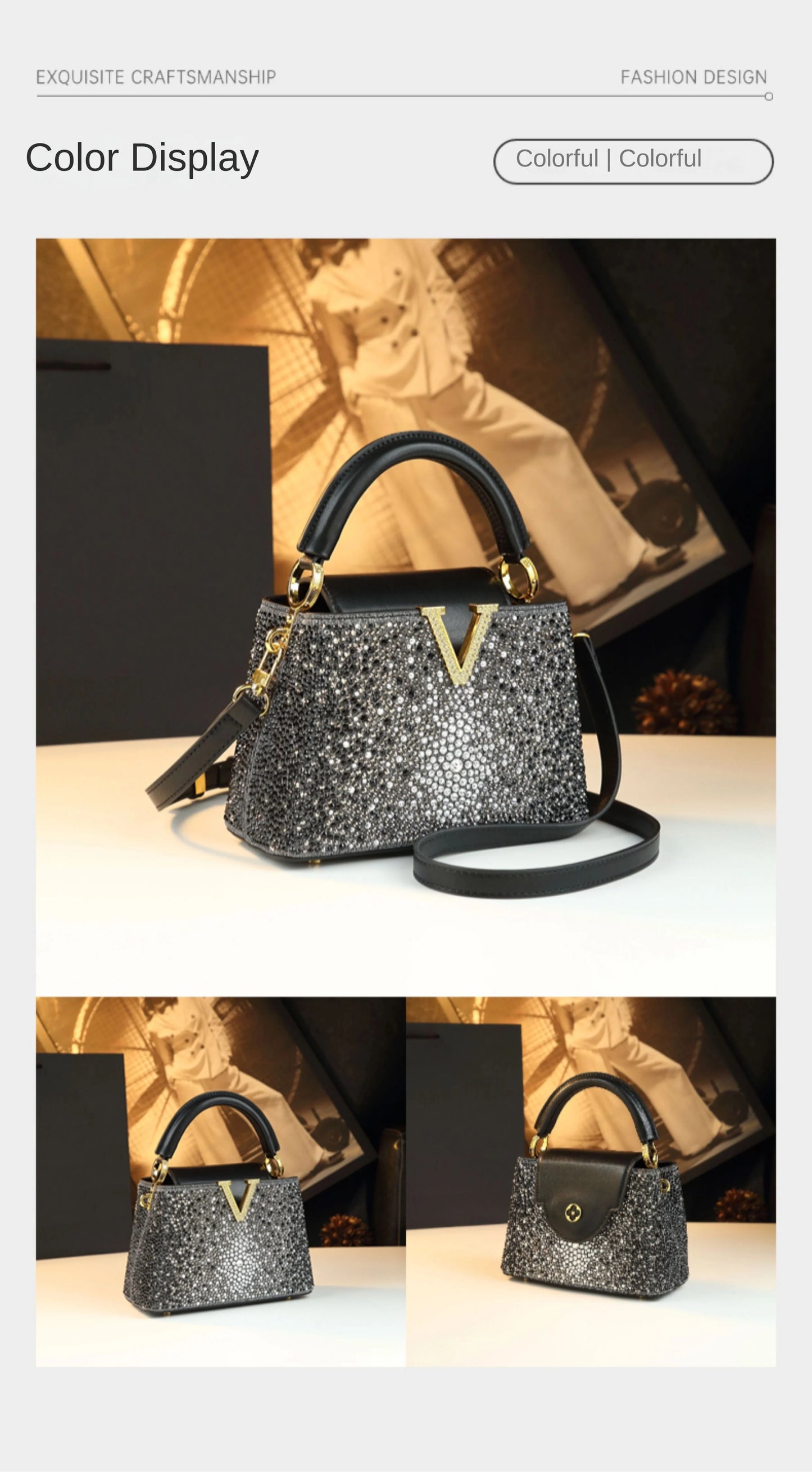 Borse da donna con diamanti alla moda di lusso 2025 Nuova borsa a tracolla piccola con lettera a V Borse a conchiglia in vera pelle