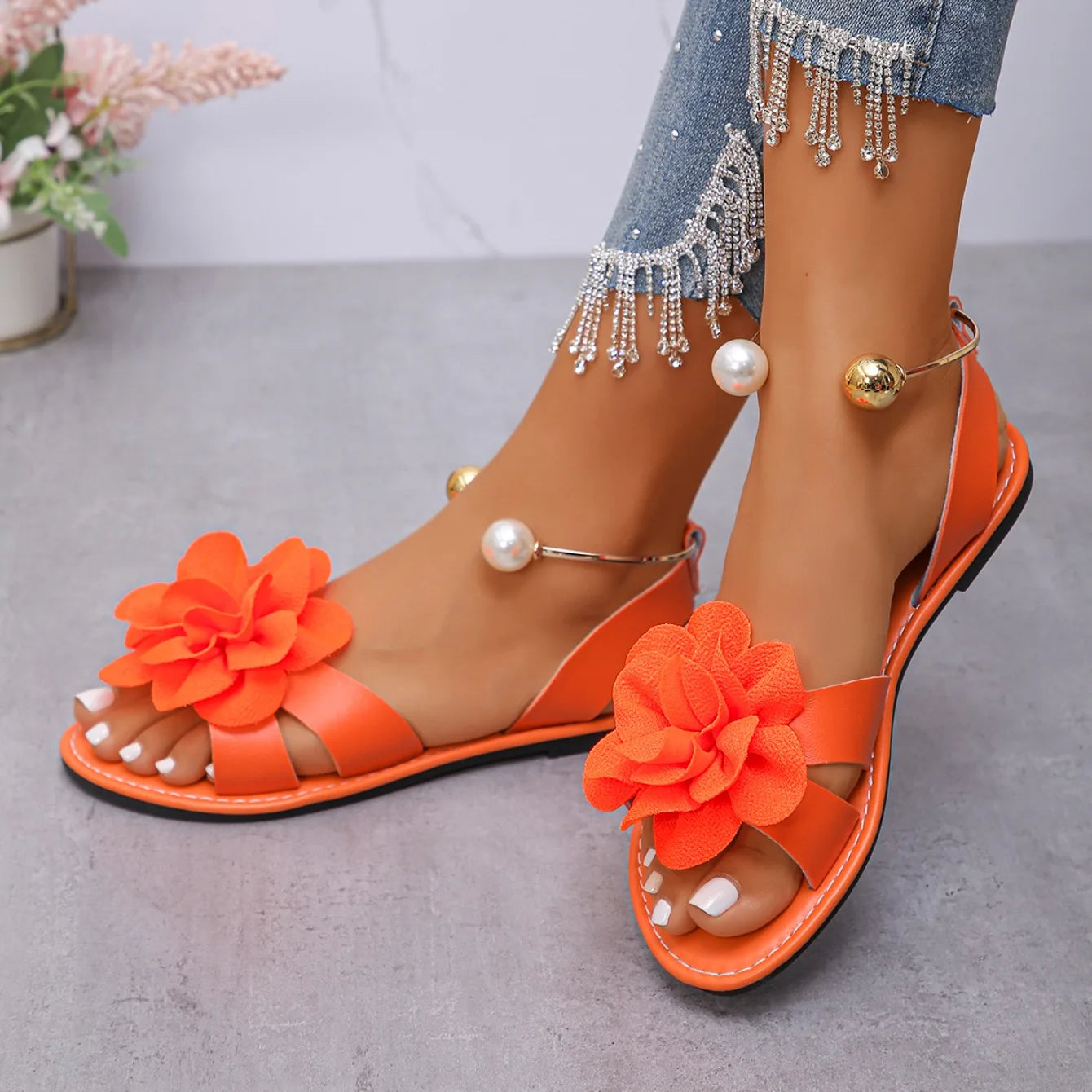 Sandali Piatti Donna con Perle Floreali – Slip-On Punta Tonda Intagli Estivi | 4 Colori | N.36-43