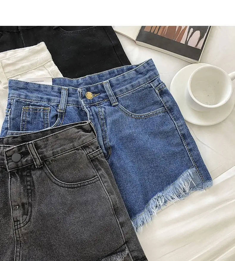 Shorts Denim Vita Alta Orlo Grezzo – Gamba Larga Stile Coreano | 4 Colori | DURIKIES