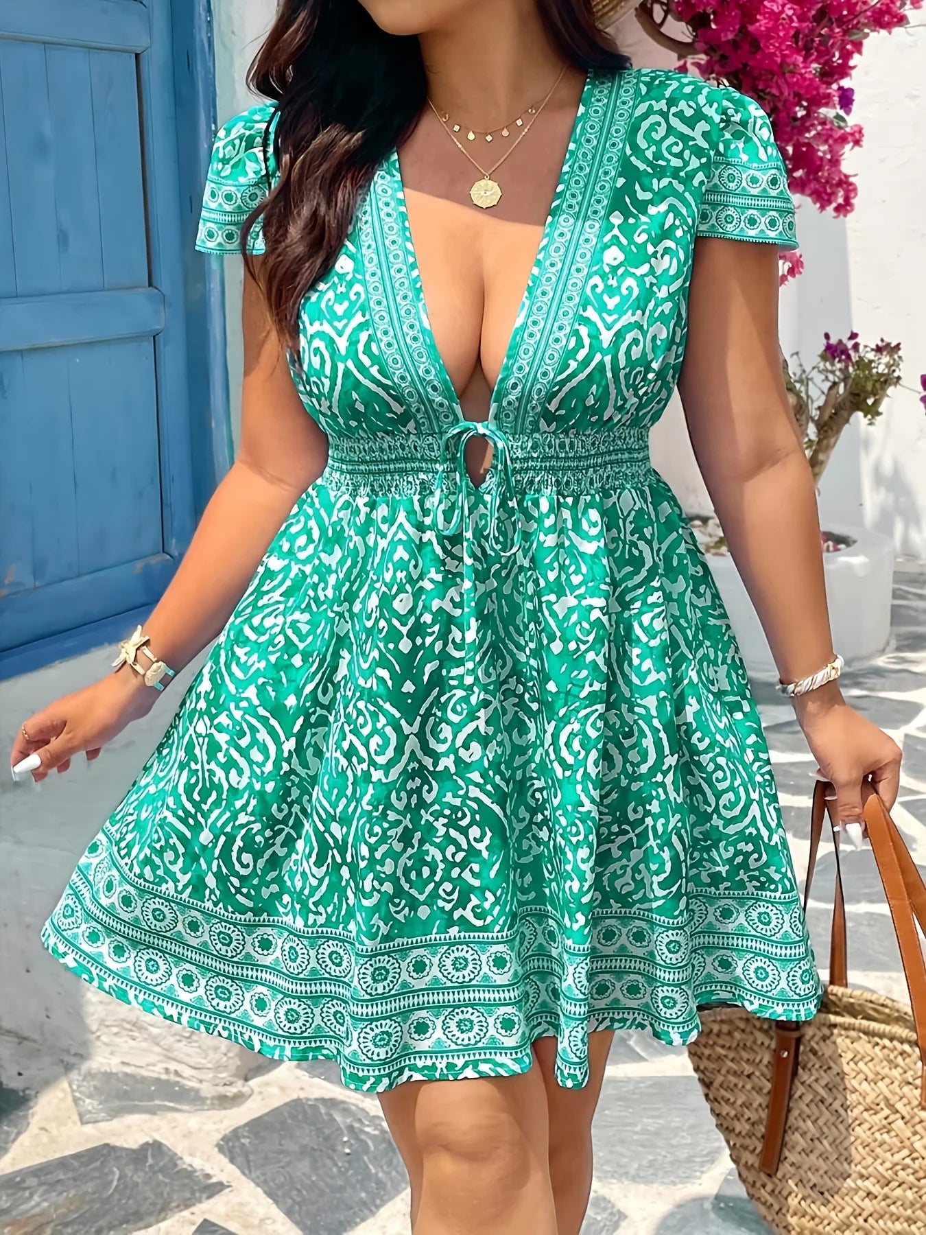 Abito Plus Size Donna Stampa Floreale Etnica con Arricciature – Casual Elegante | Turchese | 1XL-5XL