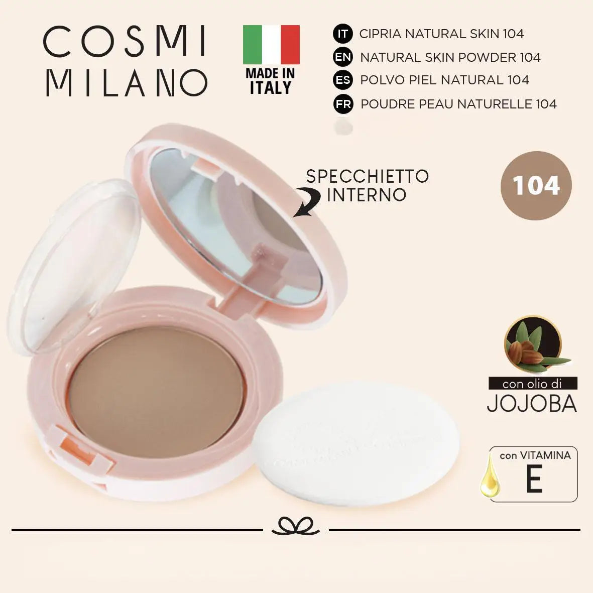Cipria Compatta Naturale Made in Italy 6g — Olio di Jojoba & Vitamina E, 4 Tonalità