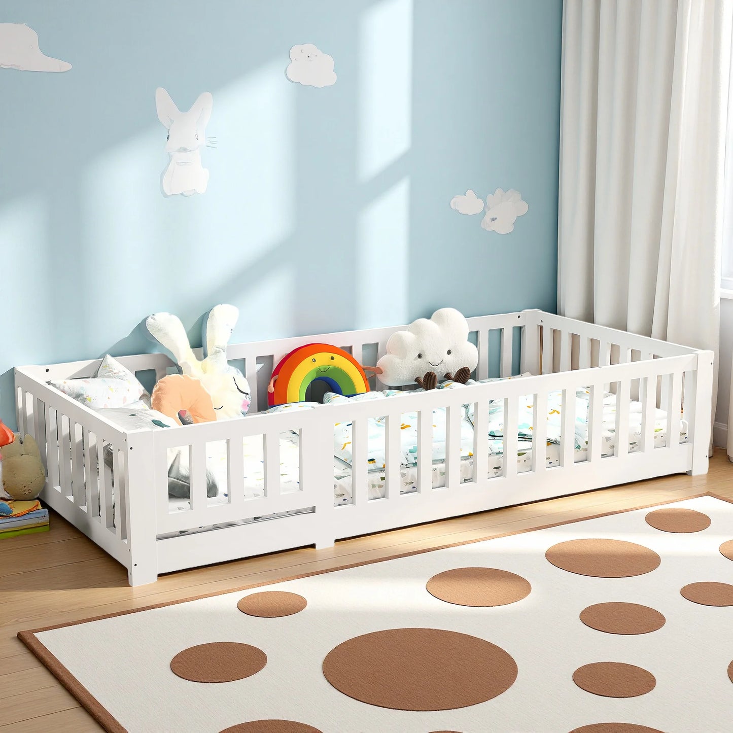 Letto Montessori per bambini 90 x 190 cm con porta, protezione anticaduta e rete a doghe, in pino massello, senza materasso