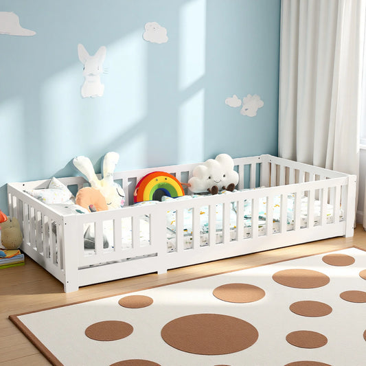 Letto Montessori per bambini 90 x 190 cm con porta, protezione anticaduta e rete a doghe, in pino massello, senza materasso