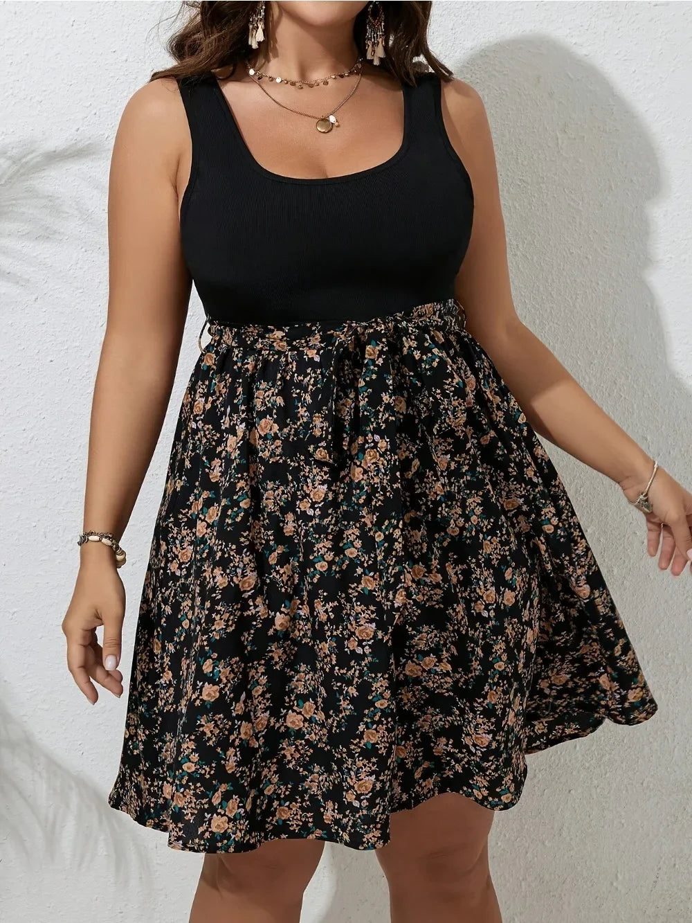 Abito Floreale Plus Size Donna Senza Maniche – Lunghezza Ginocchio Controllo Pancia | 2 Colori | 1XL-5XL