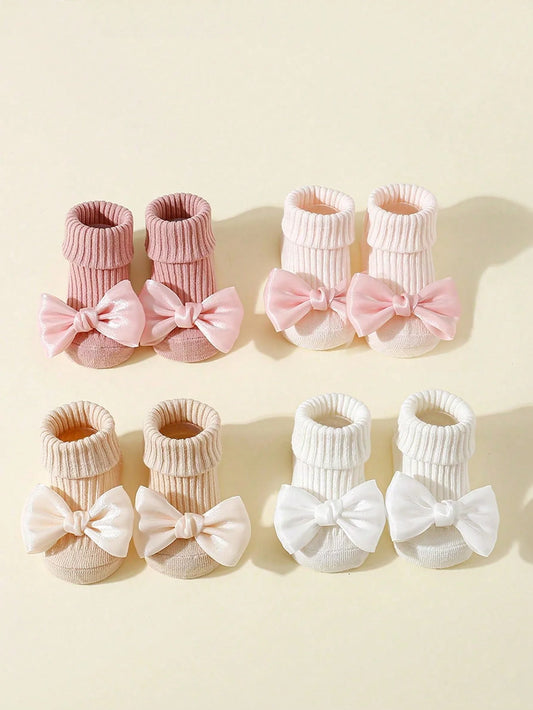4 paia di calzini per bambini con fiocchi, calzini alla caviglia carini in morbido cotone per bambine, calzini per neonati alla moda antiscivolo 0-24 mesi