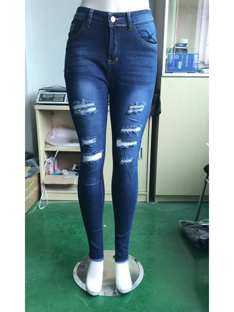 Jeans Skinny Donna Vita Alta Strappati Elasticizzati – Gamba Dritta Plus Size | 3 Sfumature Blu | S-XXXL