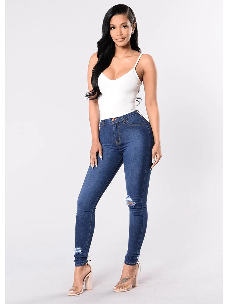 Jeans Skinny Donna Vita Alta Strappati Elasticizzati – Gamba Dritta Plus Size | 3 Sfumature Blu | S-XXXL