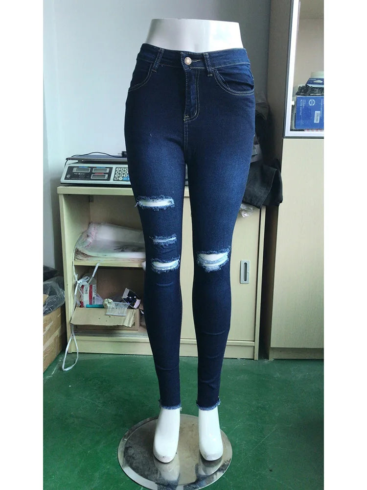 Jeans Skinny Donna Vita Alta Strappati Elasticizzati – Gamba Dritta Plus Size | 3 Sfumature Blu | S-XXXL