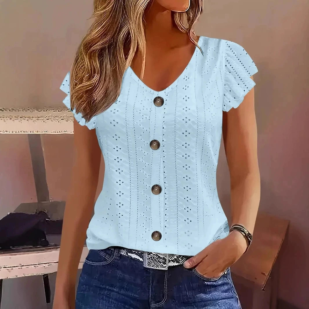 T-Shirt con Manica a Volant e Scollo a V – 5 Colori | Donna Estate 2025