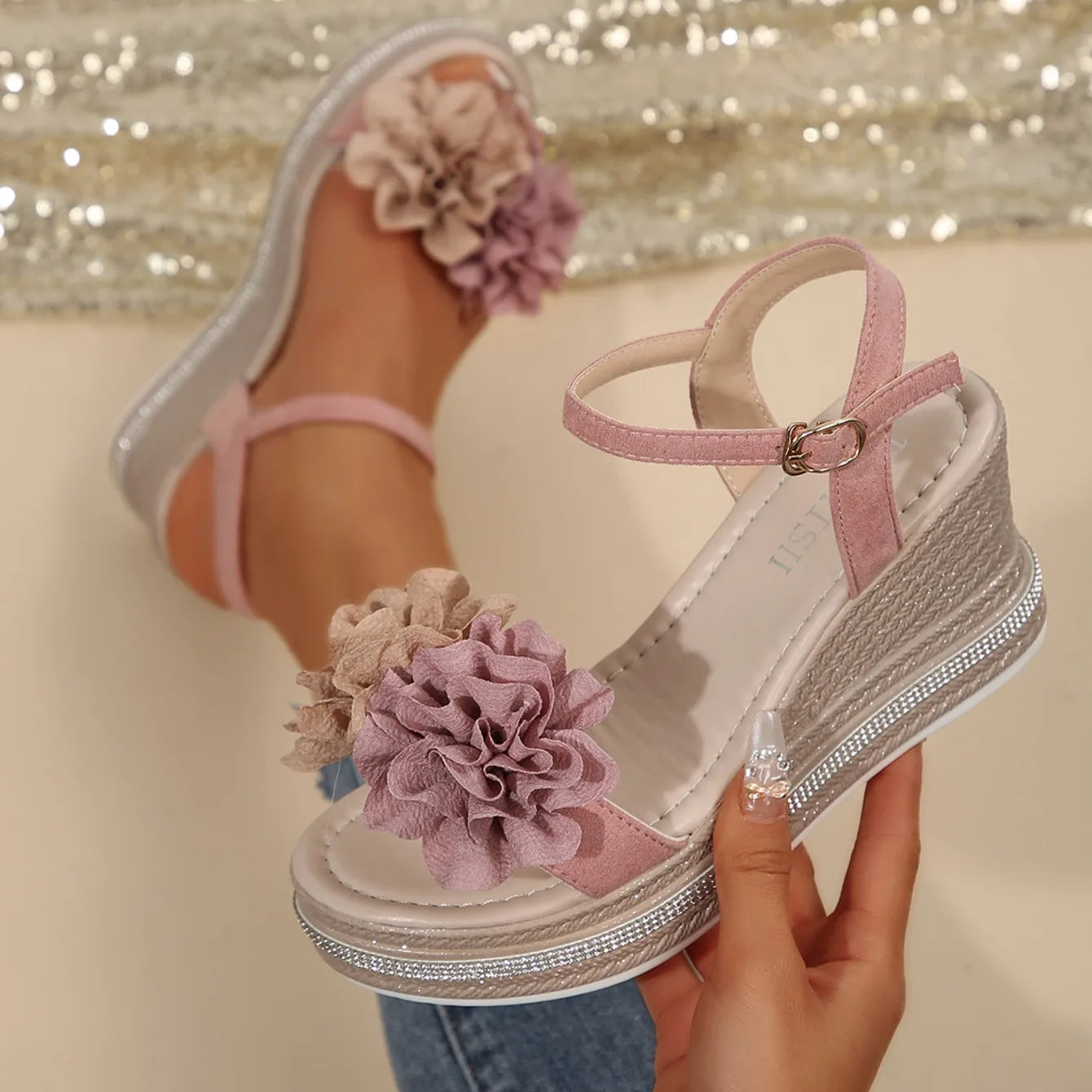 Sandali da donna Motivo floreale Bowknot Decor Sandali con plateau Donna Espadrillas con zeppa Tacchi alti Scarpe da donna Sandalias De Mujer