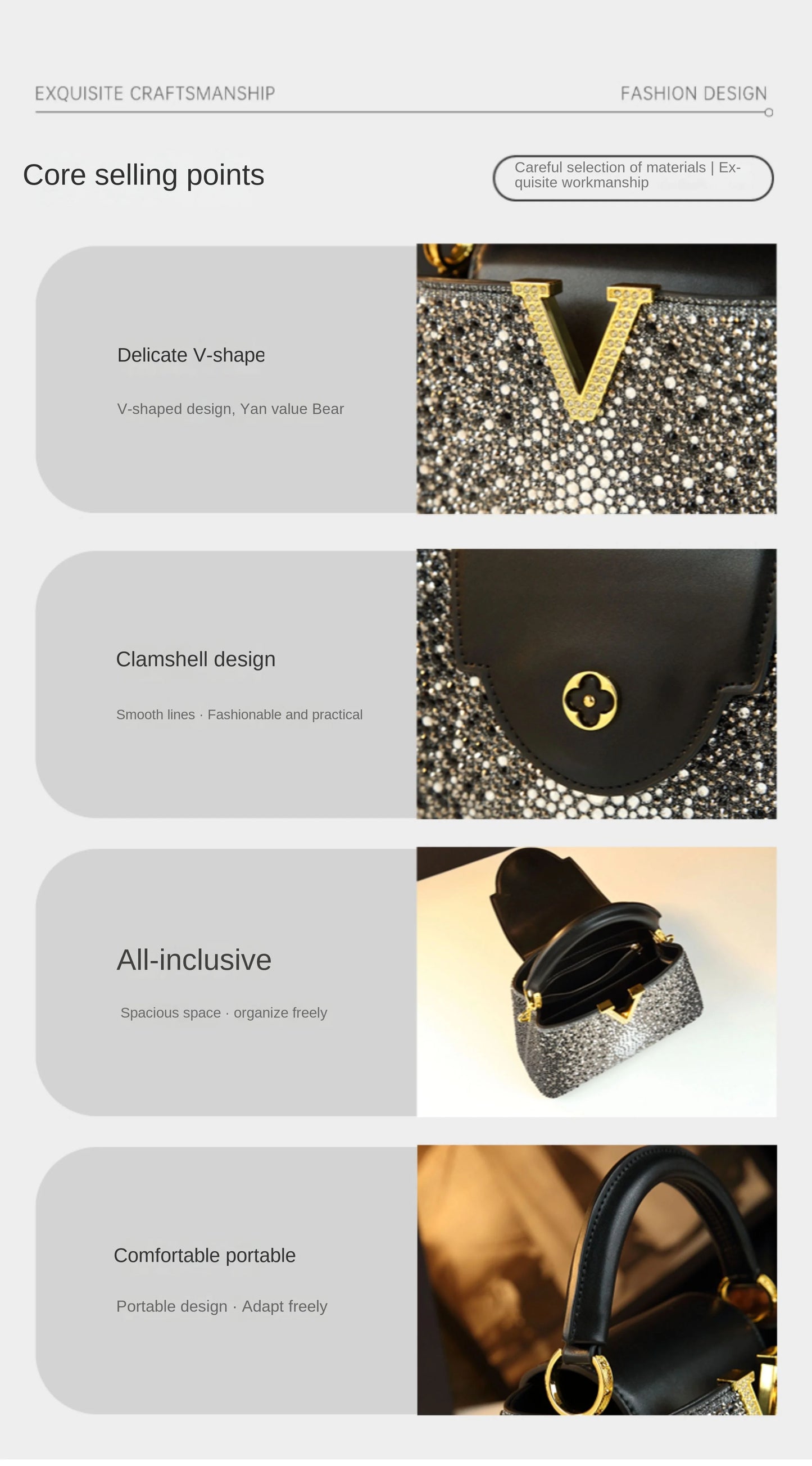 Borse da donna con diamanti alla moda di lusso 2025 Nuova borsa a tracolla piccola con lettera a V Borse a conchiglia in vera pelle