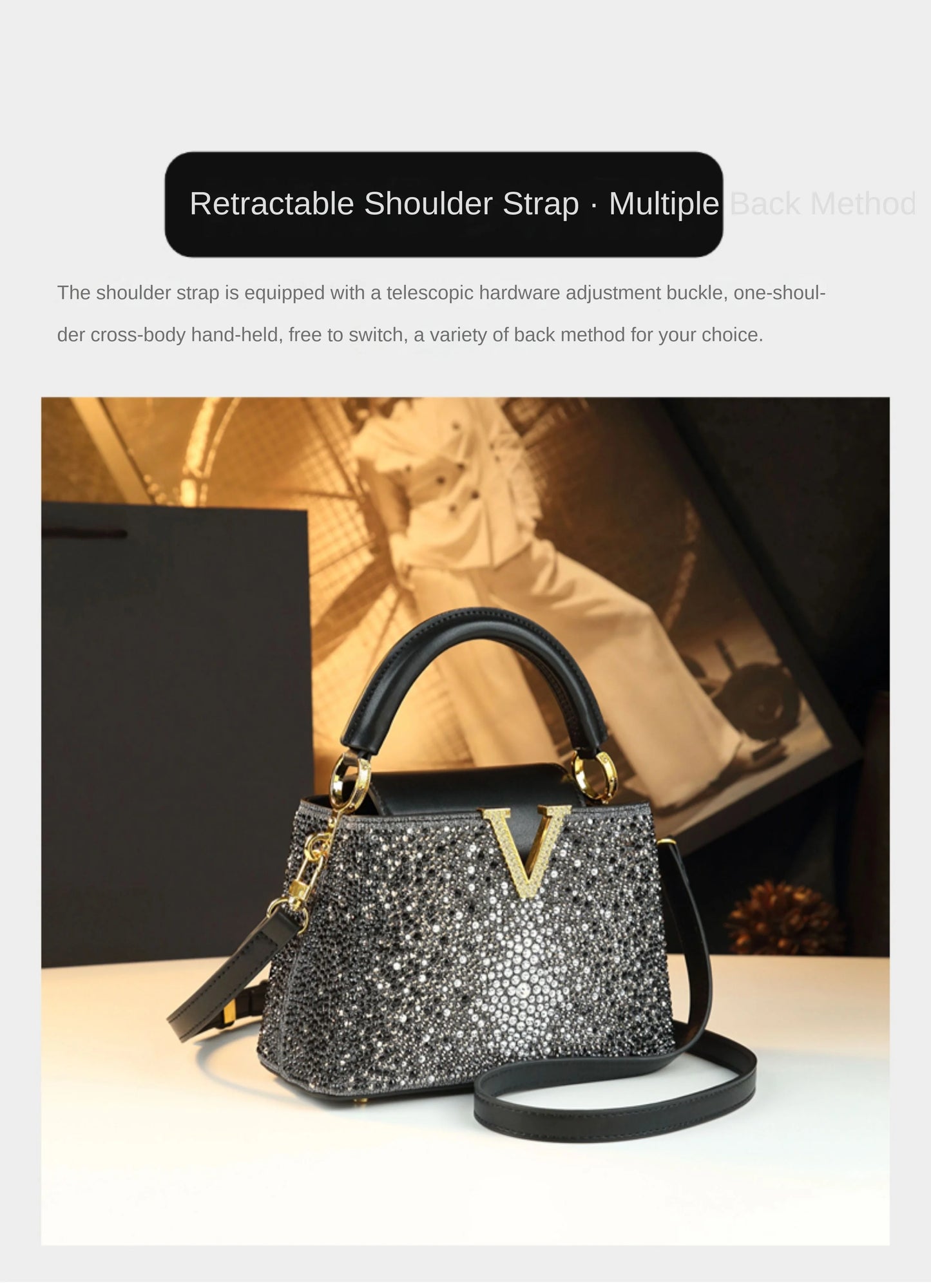 Borse da donna con diamanti alla moda di lusso 2025 Nuova borsa a tracolla piccola con lettera a V Borse a conchiglia in vera pelle