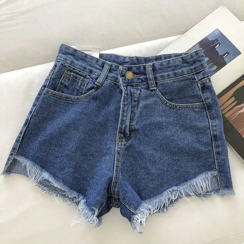 Shorts Denim Vita Alta Orlo Grezzo – Gamba Larga Stile Coreano | 4 Colori | DURIKIES