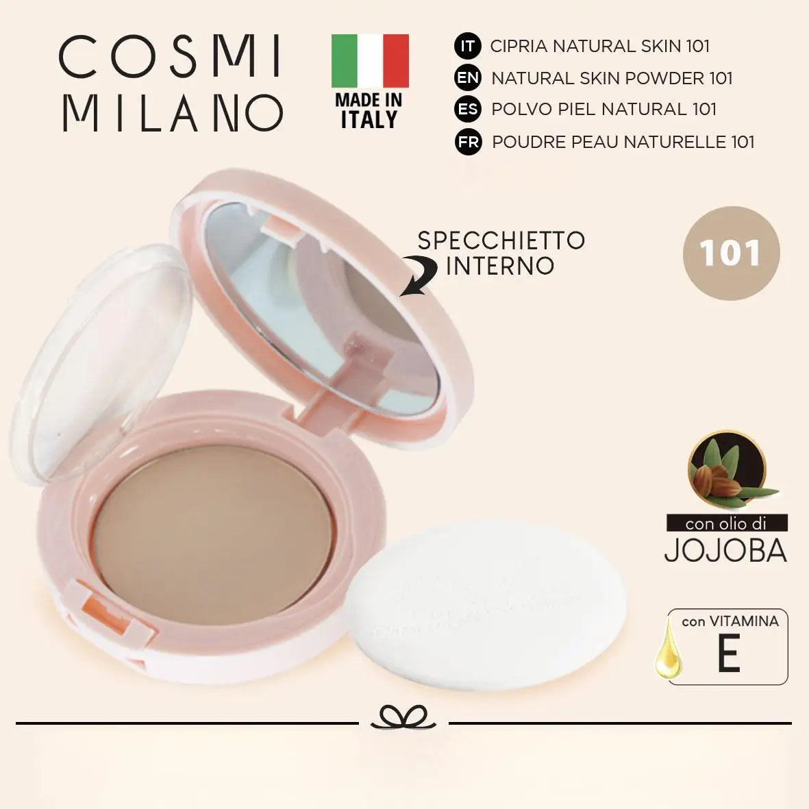 Cipria Compatta Naturale Made in Italy 6g — Olio di Jojoba & Vitamina E, 4 Tonalità