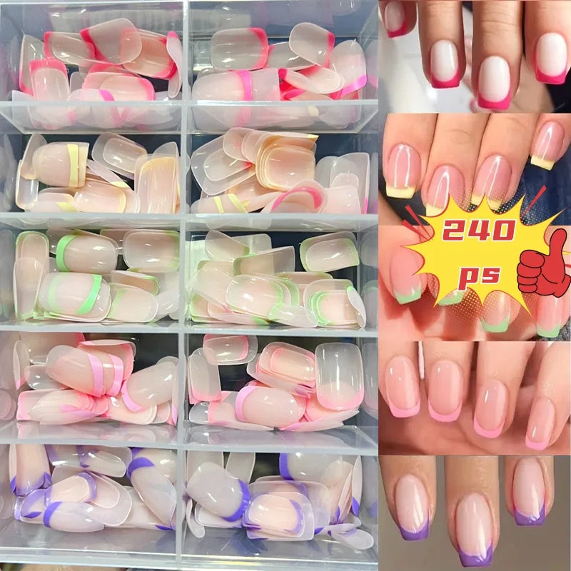 240/120 pz Estate Colorato Unghie Finte Breve Quadrato Presse sulle Unghie Francese Acrilico Manicure Unghie artistiche Lucido Copertura Completa Unghie Finte