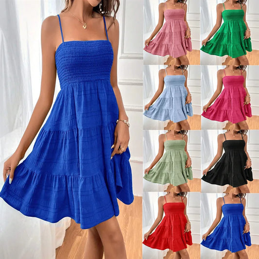 Mini Abito Bustier Smock con Spalline – Volant a Strati, Stile Estivo da Spiaggia
