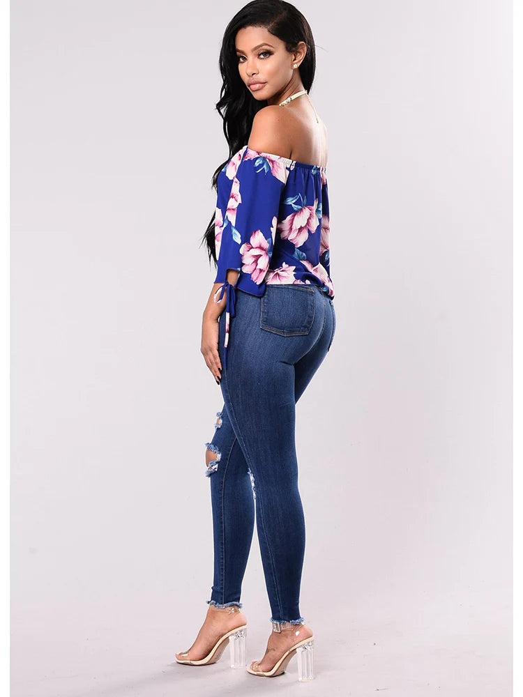 Jeans Skinny Donna Vita Alta Strappati Elasticizzati – Gamba Dritta Plus Size | 3 Sfumature Blu | S-XXXL