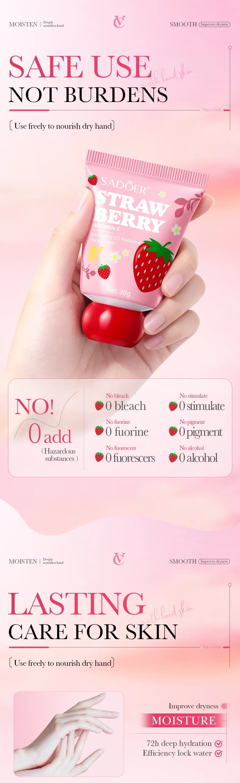 VC Strawberry Hand Cream - 30g Moisturizing and Brightening for Winter, Repairs Dry and Cracked Skin, Lightweight Fast-Absorbing Formula