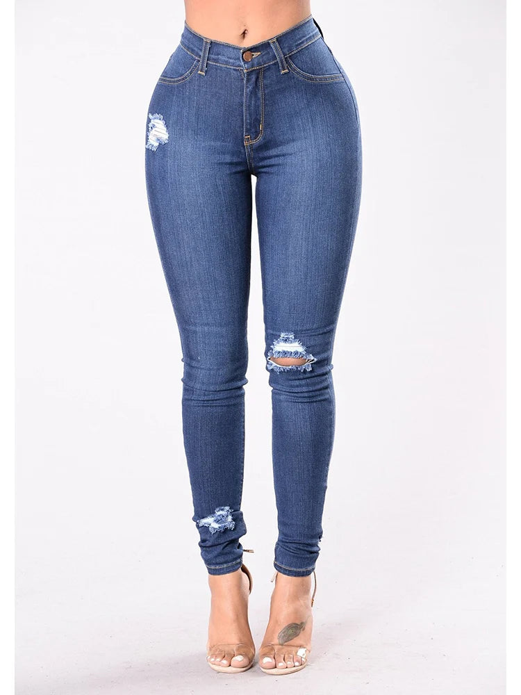 Jeans Skinny Donna Vita Alta Strappati Elasticizzati – Gamba Dritta Plus Size | 3 Sfumature Blu | S-XXXL