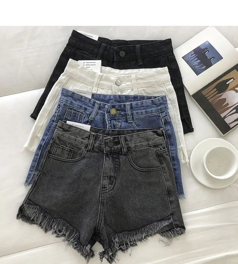 Shorts Denim Vita Alta Orlo Grezzo – Gamba Larga Stile Coreano | 4 Colori | DURIKIES