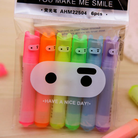 Set 6 Mini Evidenziatori Kawaii a Forma di Coniglio – Fluorescenti | Cancelleria