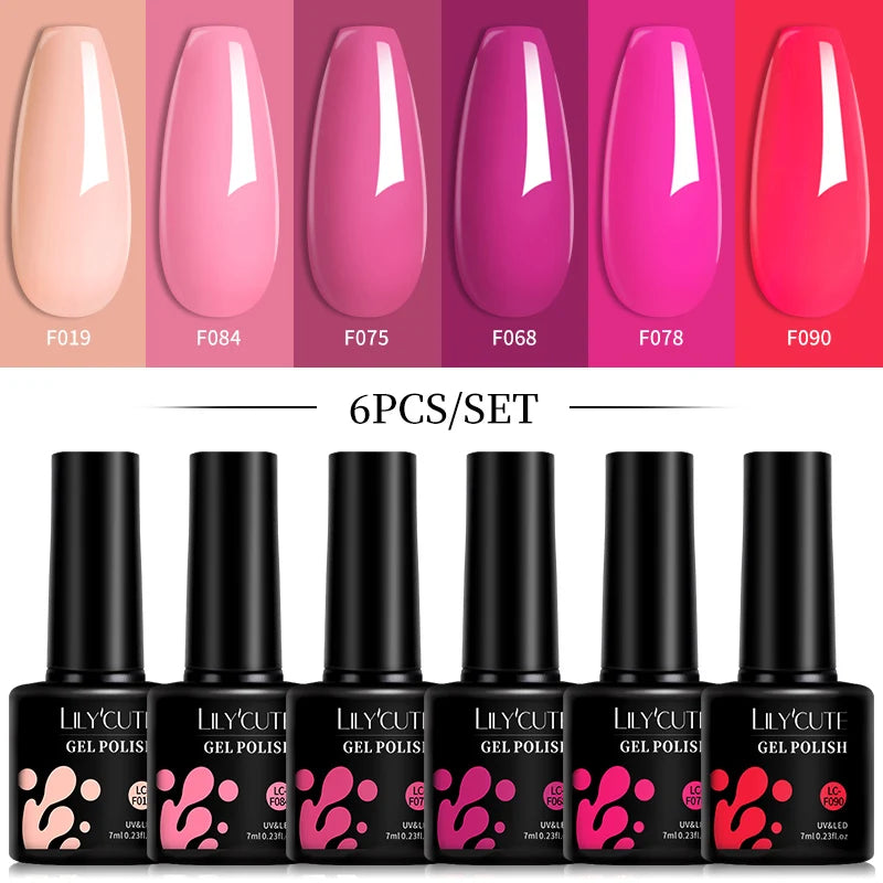 LILYCUTE Set di 6 Smalti Gel per Unghie Fai-da-Te 7ML, Rosa Brillante, Accessori per Nail Art, Smalto Gel UV LED Soak-Off