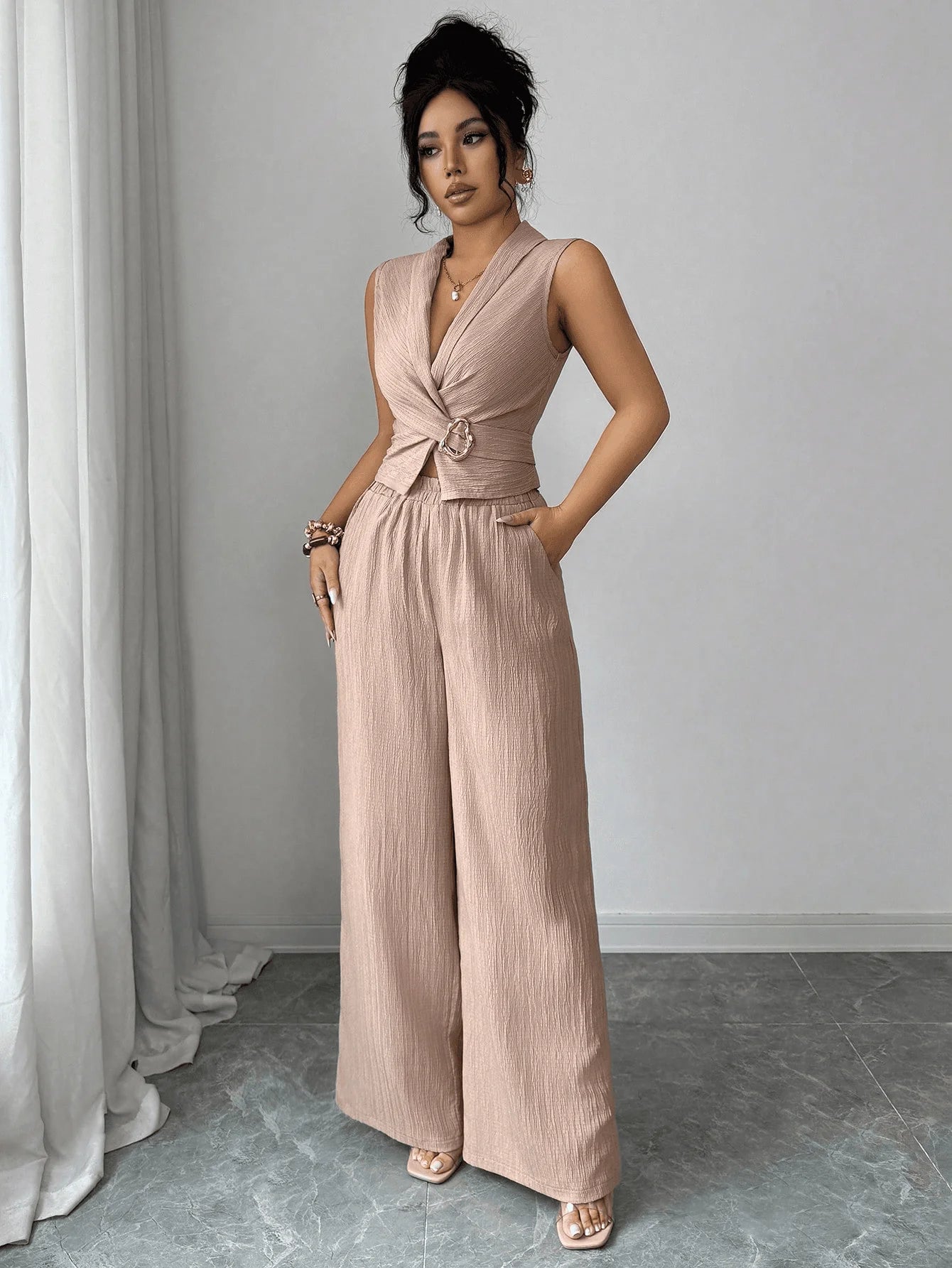 Completo 2 Pezzi Donna – Top Corto Scollo V + Pantaloni Gamba Larga | Casual Ufficio | Cachi
