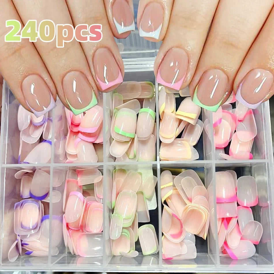 240/120 pz Estate Colorato Unghie Finte Breve Quadrato Presse sulle Unghie Francese Acrilico Manicure Unghie artistiche Lucido Copertura Completa Unghie Finte