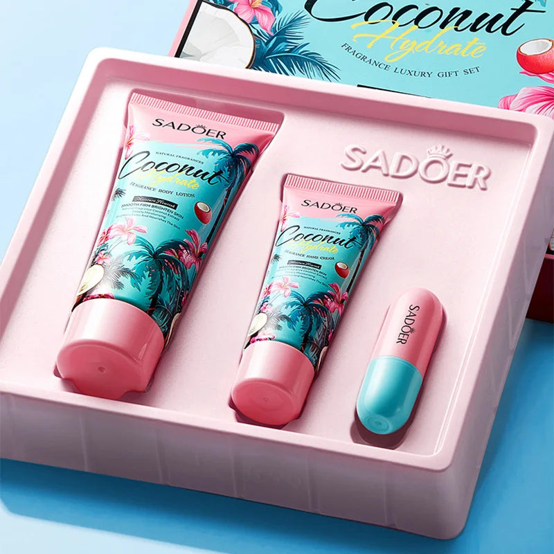 Set di Lusso Skincare al Cocco – Lozione Corpo, Crema Mani, Balsamo Labbra & Profumo