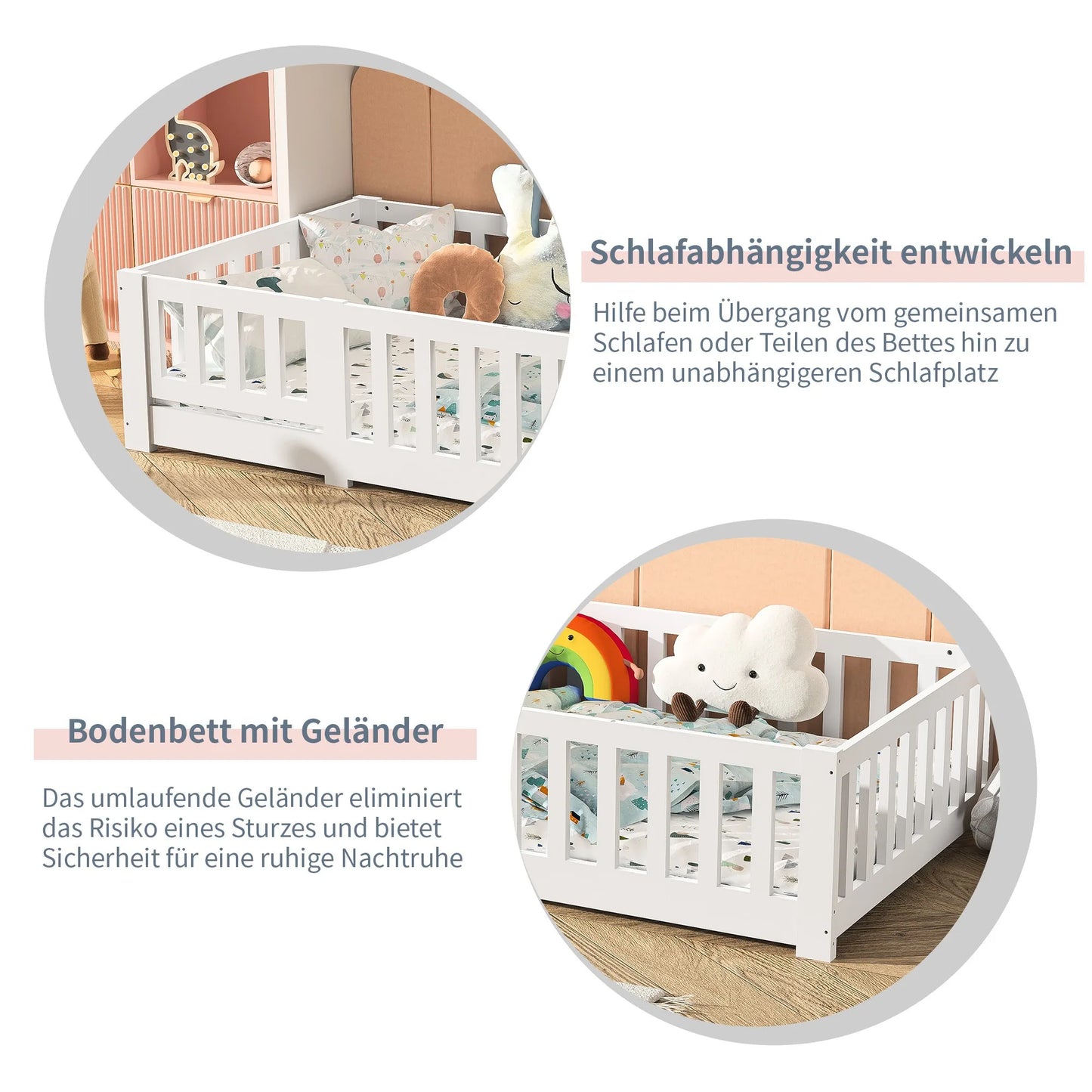 Letto Montessori per bambini 90 x 190 cm con porta, protezione anticaduta e rete a doghe, in pino massello, senza materasso