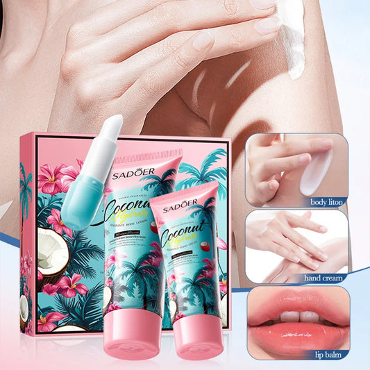 Set di Lusso Skincare al Cocco – Lozione Corpo, Crema Mani, Balsamo Labbra & Profumo